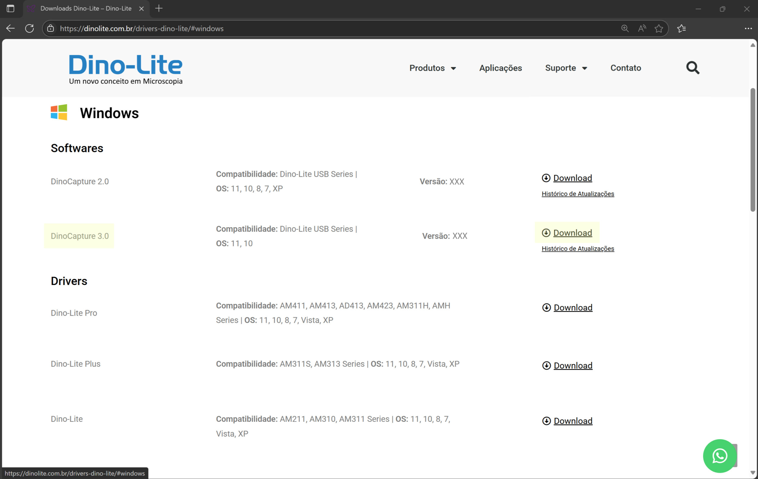 Página de download do DinoCapture